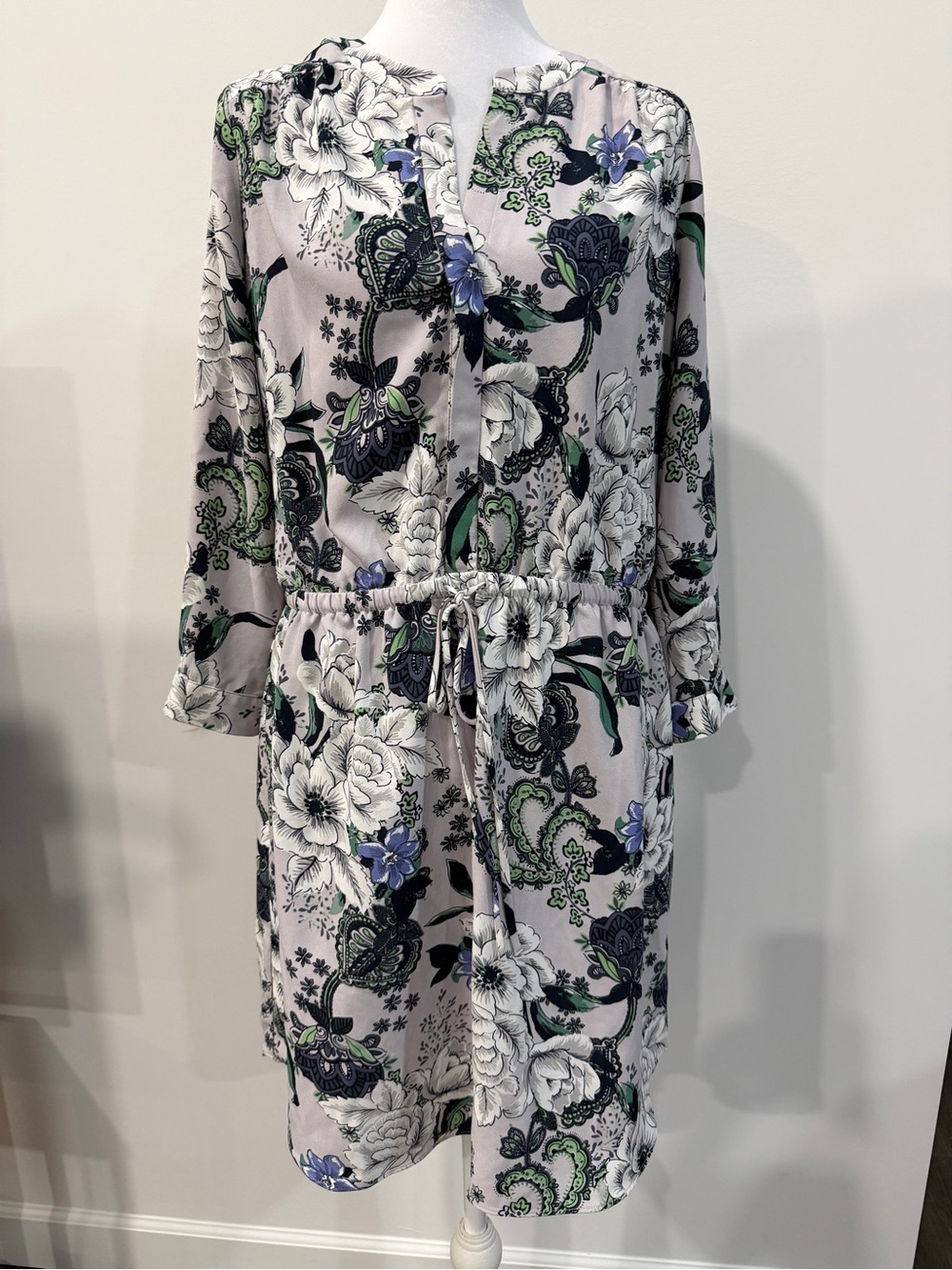 LOFT Floral Drawstring Waist Knee Length Dress - White, Green & Blue